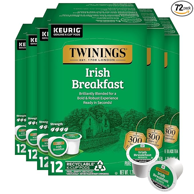 Twinings Irish Breakfast Black Tea 72 K-Cup Pods for Keurig, 12 Count (Pack of 6), Robust, Strong, Bold Flavour, Caffeinated, Enjoy Hot or Iced