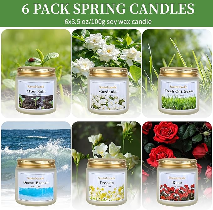 Spring Candle Set, 6 Pack Floral Scented Candles, 21 oz Soy Candles for Home Scented, Spring Gifts Set for Women & Men, Freesia/Rose/After Rain/Gardenia/Fresh Cut Grass/Ocean Breeze