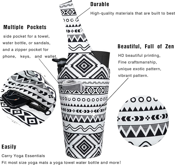 Fashion Printed Yoga Mat Bag with Large Side Pocket & Zipper Pocket Long Tote Yoga Bag Fit Most Size Mats - Holds More Yoga Accessories