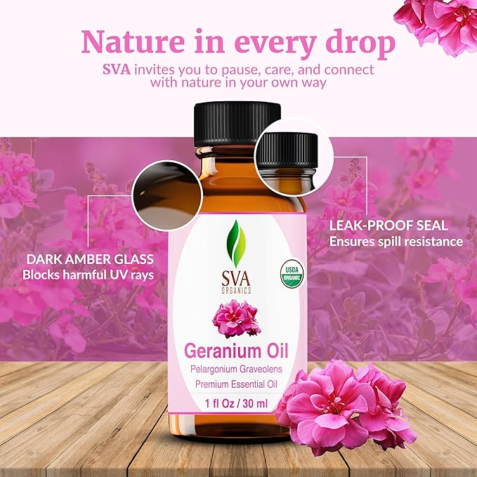 SVA Geranium Essential Oil Organic – 1 Fl Oz – 100% Natural Organic Geranium Oil - for Diffuser, Hair Care, Face, Skin Care, Aromatherapy, Scalp and Body Massage, Soap and Candle making – with Dropper
