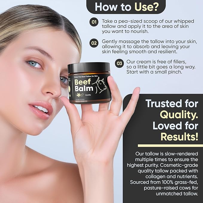 Beef Tallow for Skin – Grass-Fed Tallow Balm, Face & Body Cream, Natural Tallow Lotion for Dry Skin, Anti-Aging, Vanilla Scented (2oz)