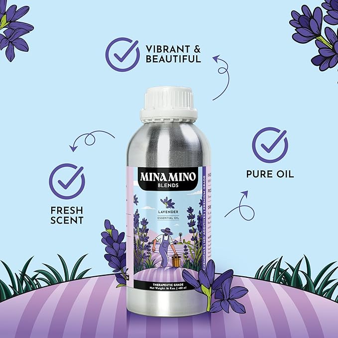 16 fl oz - Lavender Essential Oil (100% Pure & Natural) Large Aluminum Bottle for Aromatherapy, Diffuser, Candle & Soap Making - Minamino Blends