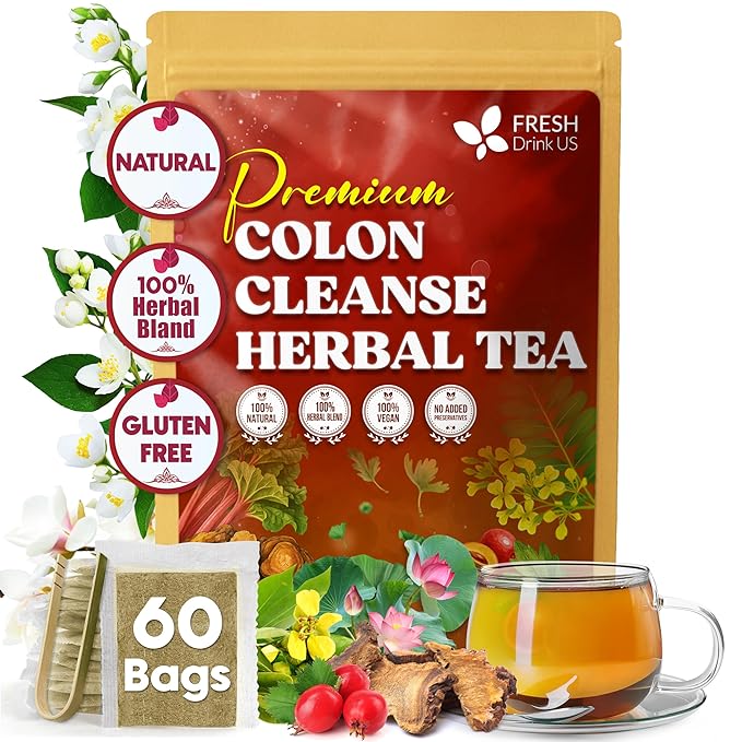 FreshDrinkUS, Premium Colon Cleanse Tea – 60 Tea Bags – Rhubarb Root & Hawthorn Berry with Senna, Lotus Leaf, Valerian Root & Psyllium Husk – Herbal Blend, Caffeine-Free. Vegan