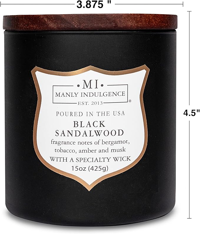 Manly Indulgence Black Sandalwood Scented Candle for Men 15 oz – Bergamot, Tobacco, Amber & Musk - Wood Wick - Up to 60 Hours Burn - Soy Blend Wax, USA Poured – Signature Collection