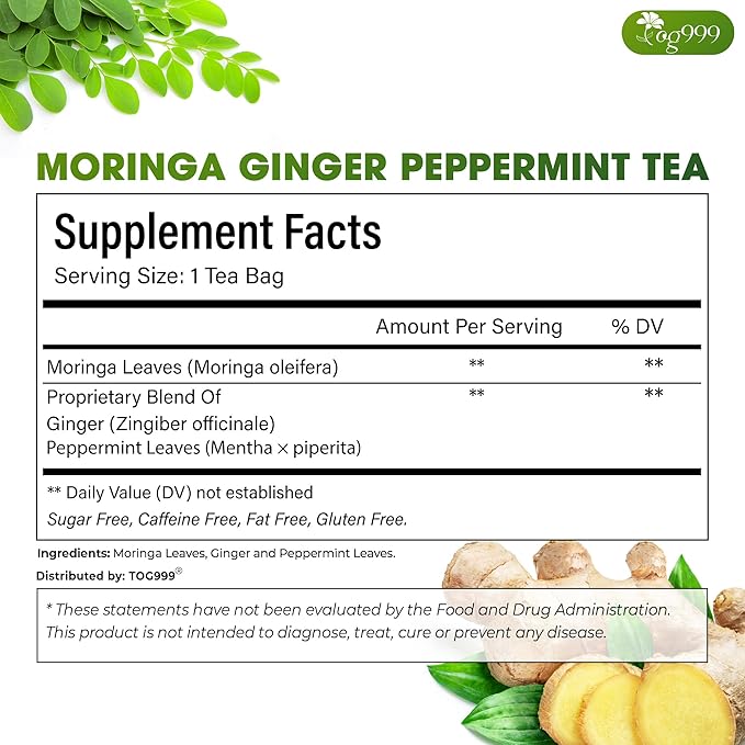 TOG999, Premium Moringa Ginger Peppermint Herbal Tea – 60 Tea Bags – Caffeine-Free, Plant-Based, Non-GMO, Naturally Refreshing Flavor, No Artificial Additives, No Sugar, No Gluten. Vegan