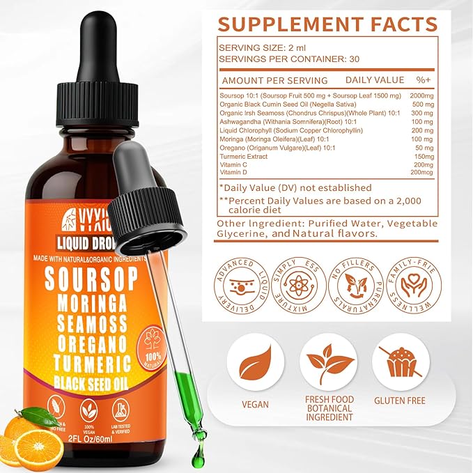 Soursop Bitters Liquid Drops 10 in 1 with Sea Moss, Moringa, Turmeric, Black Seed Oil, Oregano, Ashwagandha | Herbal Extracts for Overall Health-Enhancing | Vegan, Non-GMO | 2 Fl Oz (Orange flavor)