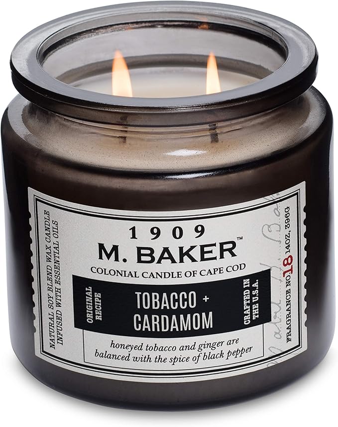 Colonial Candle Tobacco Cardamom Scented Jar Candle | 2-Wick Natural Soy Blend Wax Candle for Home | Relaxing Aromatherapy Candle Infused with Essential Oils | M. Baker Apothecary Glass Jar Candle