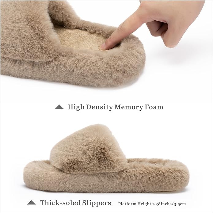 Chantomoo Women's Blue Memory Foam Faux Fur Lined Open Toe Slippers for Women - US 12