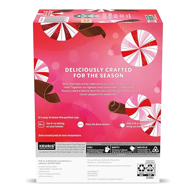 Starbucks K-Cup Coffee Pods, Peppermint Mocha Naturally Flavored Coffee for Keurig Brewers, 100% Arabica, Limited Holiday Edition, 6 Boxes (60 Pods Total)