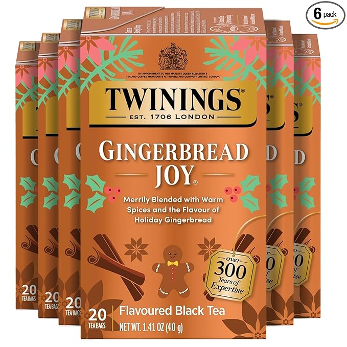 Twinings Gingerbread Joy Black Tea Individually Wrapped Bags, 20 Count (Pack of 6), Ginger & Cinnamon, Caffeinated, Enjoy Hot or Iced, 120 Teabags