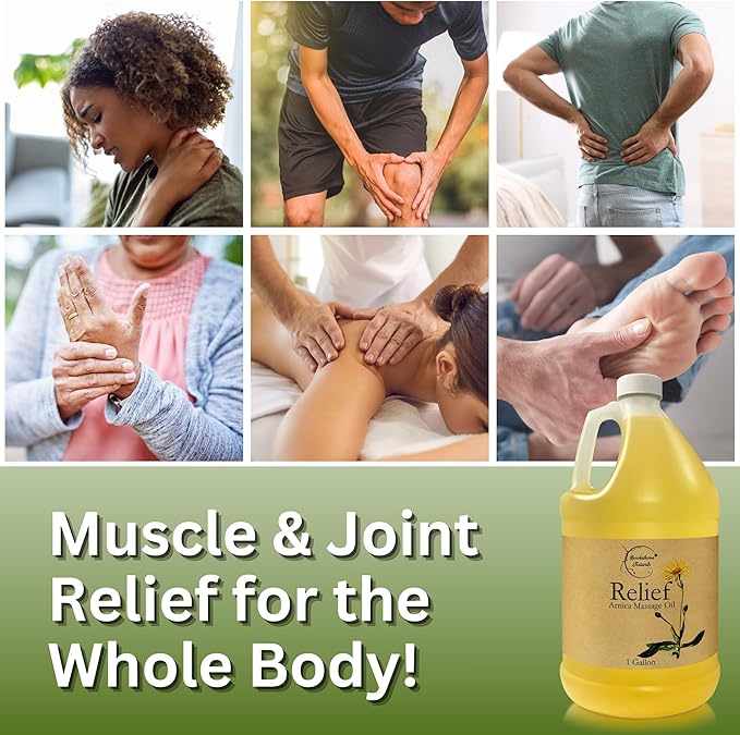 Relief Arnica Massage Oil for Massage Therapy | for Sports & Athletic | All Natural Arnica Montana for Sore Muscle Relief | Sweet Almond, Jojoba, Grapeseed & Essential Oils | 1 Gallon