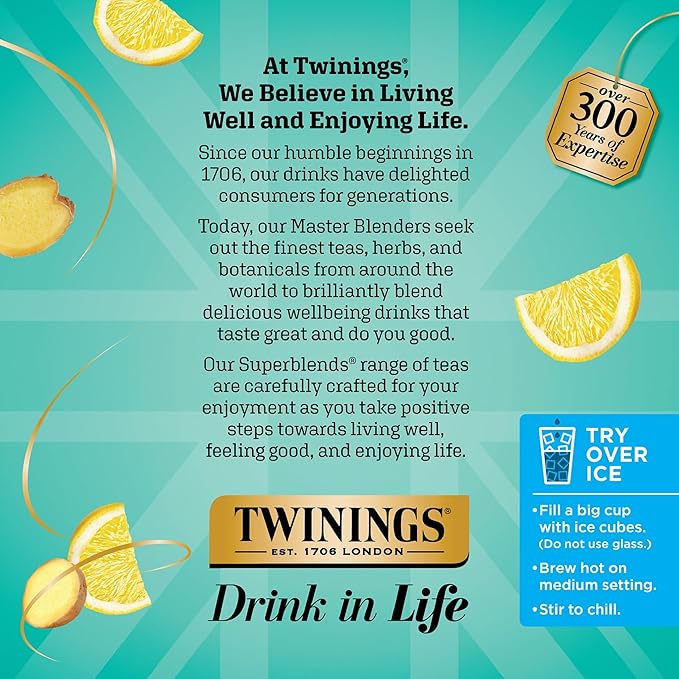 Twinings Probiotics+ Lemon & Ginger Herbal Tea K-Cup Pods for Keurig, 24 Count (Pack of 1), Supports Digestive Health, Naturally Caffeine-Free, Enjoy Hot or Iced