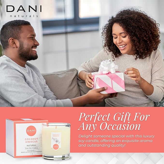 DANI Naturals Soy Candle - Coconut Hibiscus Scented, 100% Pure Soy Wax, Kosher, Non-Toxic, Long-Lasting Burn - 7.5 oz