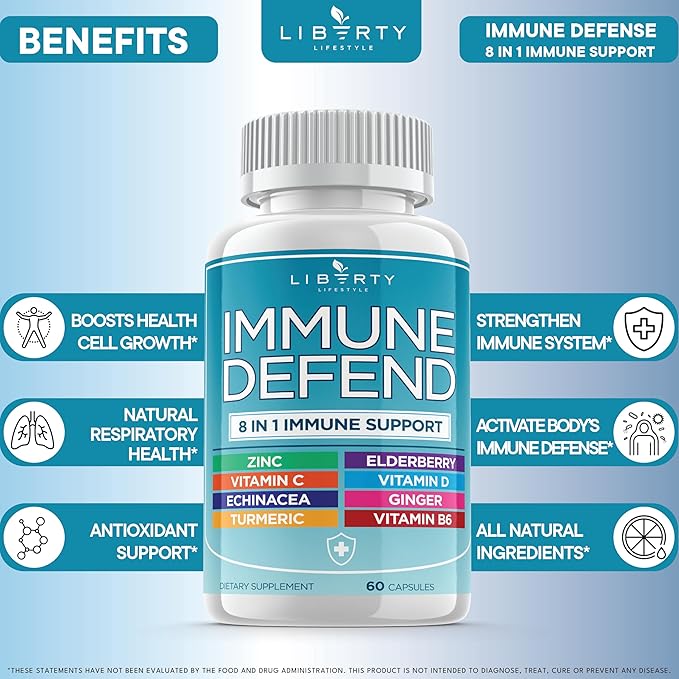 8 in 1 Immune Supplement with Echinacea, Vitamin C and Zinc 50mg, Vitamin D 5000 IU, Turmeric Curcumin & Ginger, B6, Elderberry 180 Count (Pack of 3)