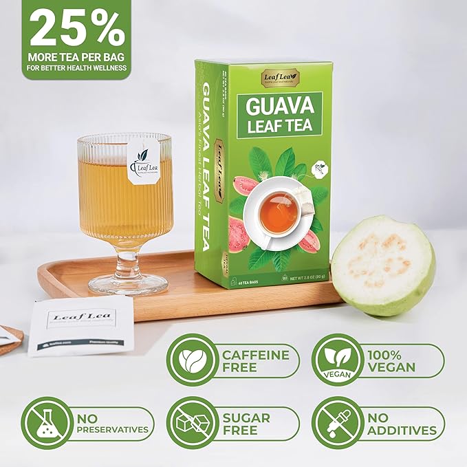 LeafLea 120 Guava Leaf Tea Bags, Premium Natural Herbal Tea, 100% Hojas De Guayaba, Caffeine-Free, Non-GMO, Supports Digestion & Immune Health, Packed with Natural Goodness