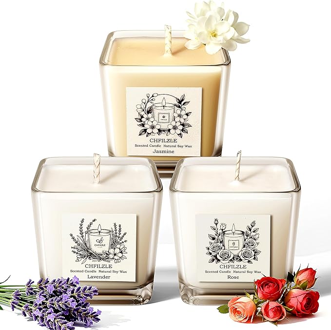 Scented Candles for Home 3 Pack - Aesthetic Clear Square Glass Soy Wax Candle (French Lavender, Rose, Jasmine) - Strong Fragrance Odor Eliminator for Bathroom, Bedroom Decor, Yoga
