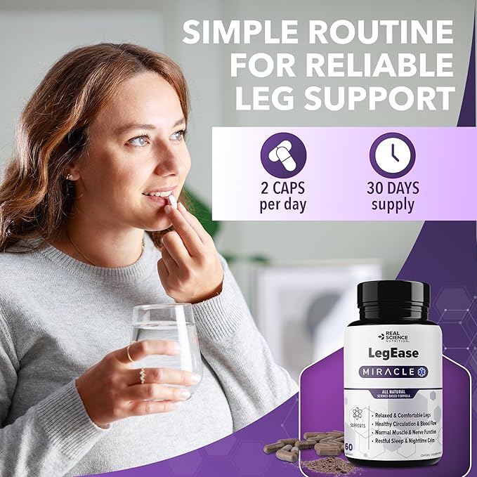 Real Science LegEase Miracle – All Natural Restless Legs Syndrome Relief & Leg Cramp Supplement with Vitamins C, D, K, B6, B12 + Nitric Oxide Support – Sleep & Circulation Aid – Made in USA, 60 Caps