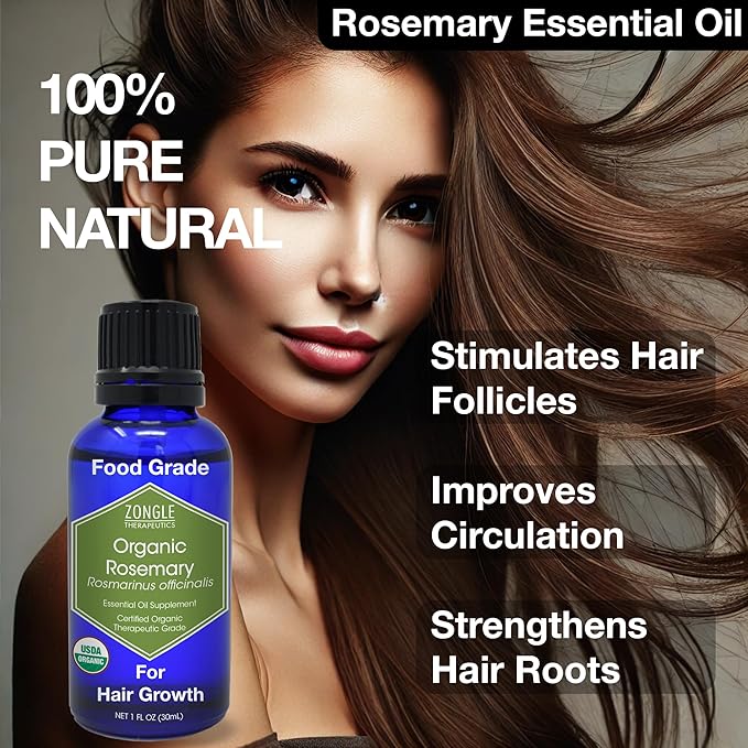 Organic, Rosemary Oil, Food Grade, for Hair, Growth – 100% Pure, Edible, Rosemary Essential Oil, by Zongle Therapeutics, 1 OZ