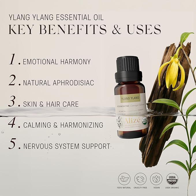 Ylang Ylang Essential Oil, USDA Certified Organic 100% Natural & Pure Essential Oils for Diffusers for Home, Aromatherapy Oils, Diffuser Oils Scents, Soothing 10ml-0.33 fl oz