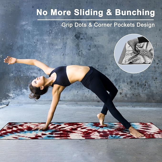 Colorful Star Yoga Towel with Corner Pockets, Non Slip Grip Dots Sweat Absorbent Hot Yoga Mat Towels, Soft Yoga Blankets with Travel Bag, Mat Cover for Workout, Gym, Fitness - 70"x26", Bold Tie-dye