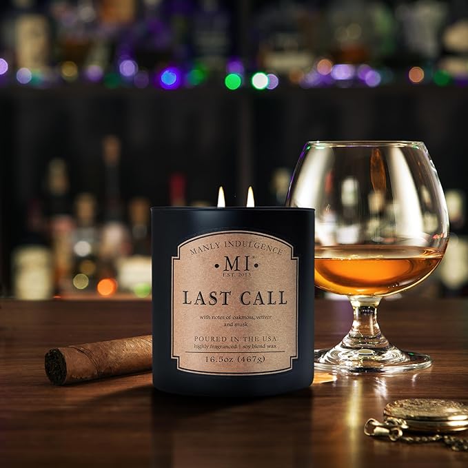 Manly Indulgence Last Call Scented Candles for Men, 2 Wick, 16.5 oz, Premium Soy Blend Wax, 60H Burn, Candles for Home Scented - Made in The USA