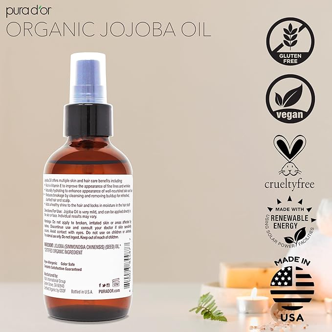 PURA D'OR 4 Oz Organic Jojoba Oil - USDA Certified - 100% Pure & Natural Moisturizer - Cold Pressed, Unrefined, Hexane Free Base Carrier Oil For DIY Skin Care, Hair, Face & Nails