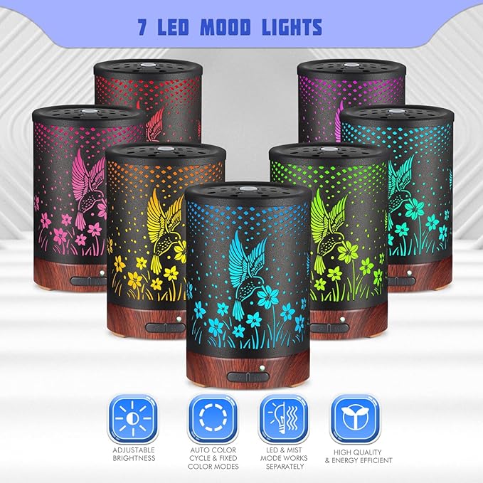 Essential Oils Diffuser,Aromatherapy Diffuser,Birthday Gifts for Women Mom Grandma,Metal Cool Mist Humidifier with 7 Colors Lights Waterless Auto Off Air Diffusers (C-Hummingbirds)