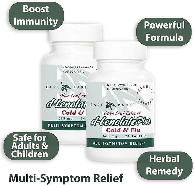 EAST PARK d-Lenolate Plus Cold & Flu Homeopathic Remedy for Adults & Kids | Immune System Booster with Olive Leaf Extract, Neem Leaf Extract & Echinacea | 625mg, 24 Tablets | Non-GMO (Pack of 2)