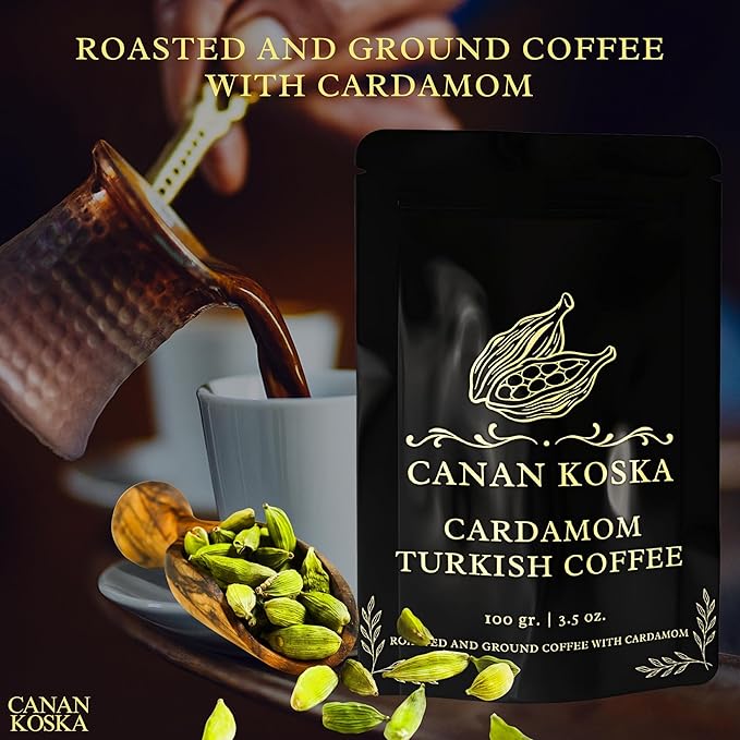 Canan Koska Cardamom Turkish Coffee - Premium Ground Coffee With Natural Cardamom Grounds, Medium Roast, Traditional Ottoman Recipe - 3.5oz (100g) - Pack Of 6
