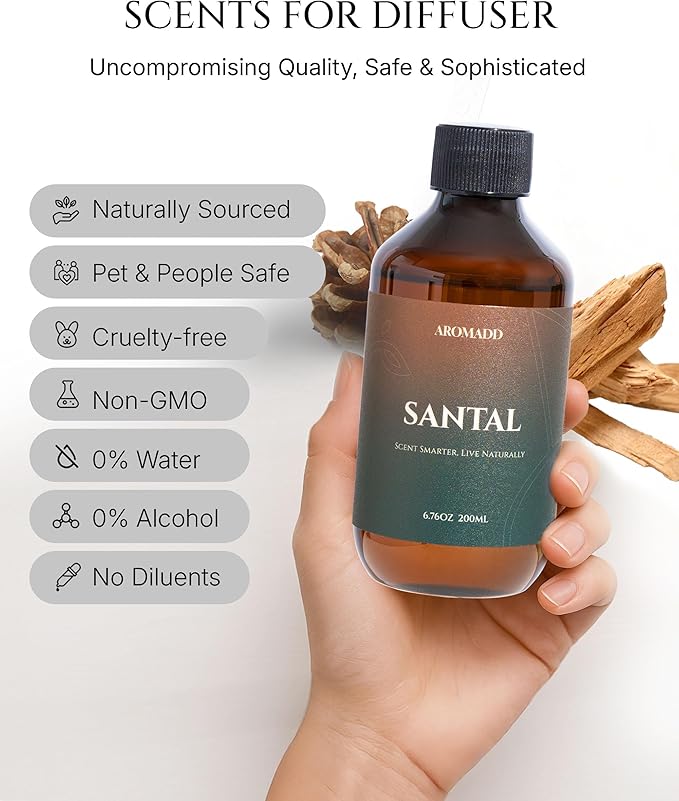 Aromadd Santal Diffuser Oil Inspired by Luxury Hotel Scent, Essential Oils for Waterless Diffuser, Warm Sandalwood & Amber Aroma, Long-Lasting & Natural Home Fragrance - 6.76 fl oz (200 mL)