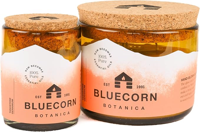 Bluecorn Beeswax Large 3-Wick Candle, 100% Pure Beeswax with Tangerine & Geranium Essential Oils, Amber Glass, Soy Free, Clean Burning Candle Wax, Long Lasting, Home Decor, American Made, 8 Oz, 1 Ct