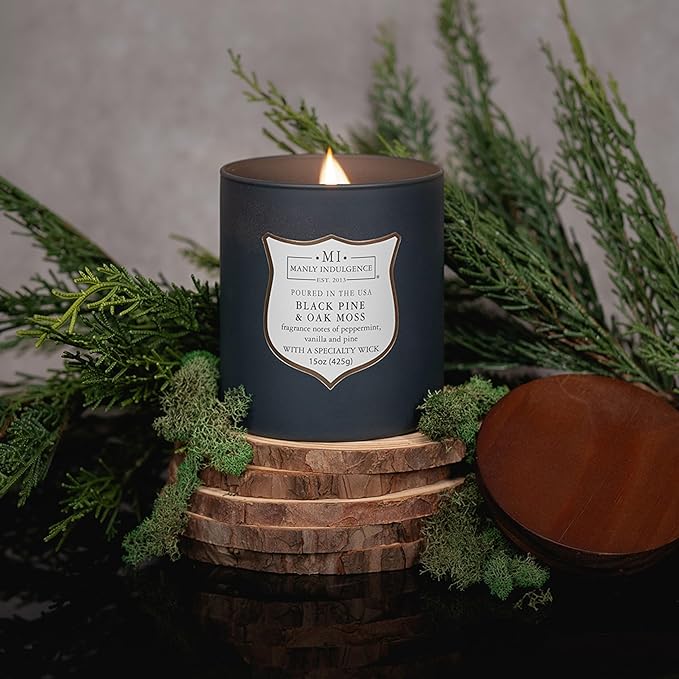Manly Indulgence Black Pine Oakmoss Scented Candles for Men, 15 oz Wooden Wick, Premium Soy Blend Wax, 60H Burn, Candles for Home Scented - Made in The USA