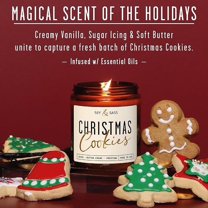 Christmas Cookie Candle, Cookie Candle – ‘Christmas Cookies’ Soy Candles, w/Sugar, Butter & Vanilla - Infused with Essential Oils I Christmas Candles I 9oz, 50Hr, Made in USA