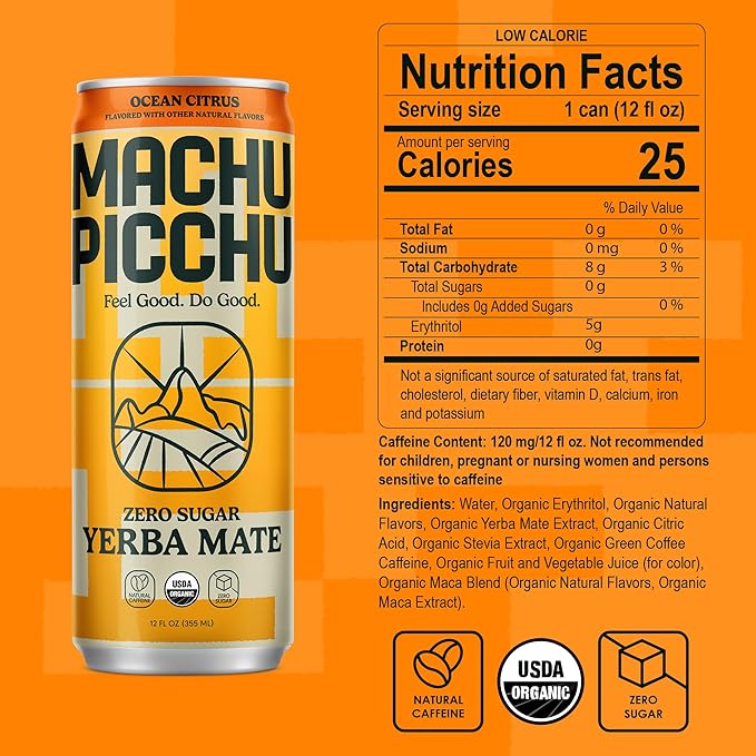 MACHU PICCHU ENERGY, Non-Carbonated Zero Sugar Yerba Mate, Clean Energy Drink Alternative, 12oz (Pack of 12) – 120mg Organic Green Coffee Bean Caffeine, Low Calorie, USDA Organic, No Artificial Flavors (Ocean Citrus)