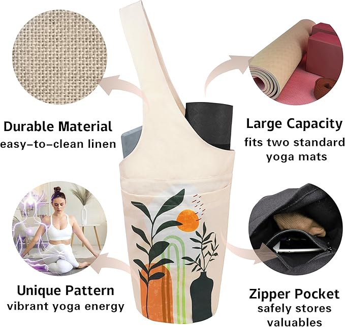 saniwu Yoga Mat Bag Carrier for Women with Side Large Pocket Durable Linen Workout Gym Travel Storage Pilates Mats