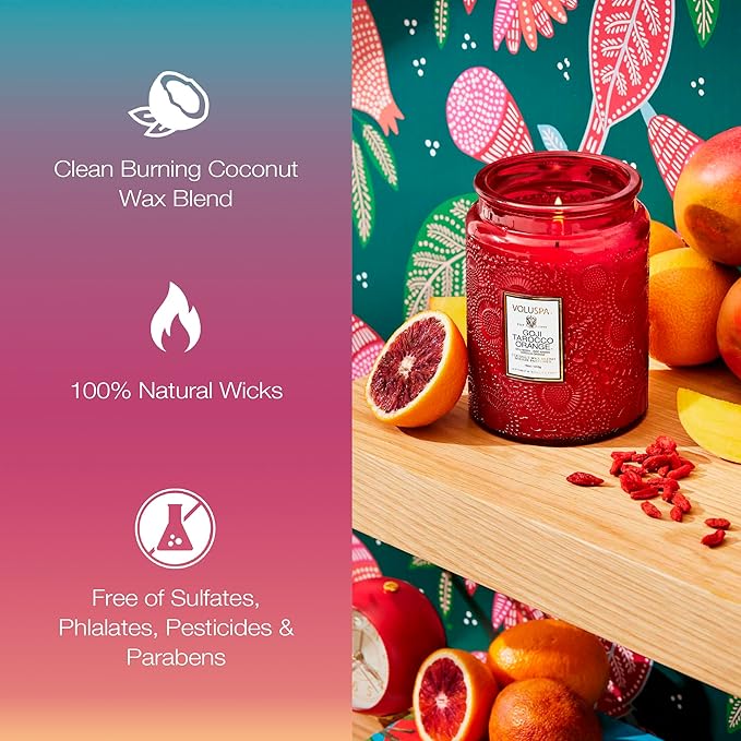 Voluspa Goji Tarocco Orange Candle, 18 oz, Coconut Wax Blend, Scented Candles for Home, 100 Hour Burn Time, Candle Jars