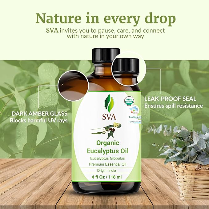 SVA Eucalyptus Essential Oil Organic – 4 Fl Oz – 100% Natural Organic Eucalyptus Oil - for Diffuser, Hair, Face, Skin Care, Aromatherapy, Scalp and Body Massage, Soap and Candle Making - with Dropper