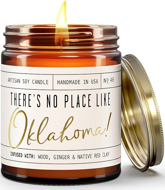 Oklahoma Gifts, Oklahoma Decor for Home - 'There's No Place Like Oklahoma Candle, w/Wood, Ginger & Native Red Clay I Oklahoma Souvenirs I Oklahoma State Gifts I 9oz Jar, 50Hr Burn, USA Made