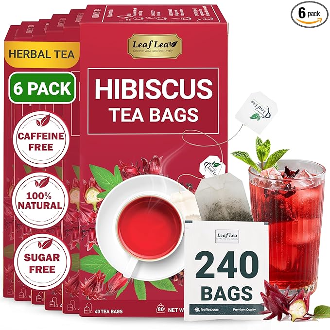 LeafLea Hibiscus Tea Bags – 240 Count, Individually Wrapped, 100% Natural Hibiscus Flower Herbal Tea, Caffeine-Free, Sugar-Free, Non-GMO, Rich in Flavor & Color, Te de Hibisco, Jamaica Tea (Pack of 6)