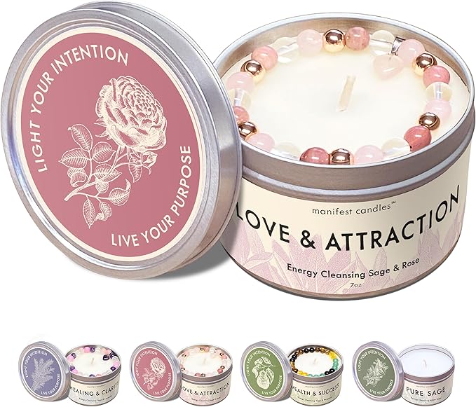 Love Candle to Attract Love, 45 Hour Burn, Sage & Rose Candle, Romantic Candles, Spiritual Meditation Candles with Manifestation Crystals Bracelets for Women