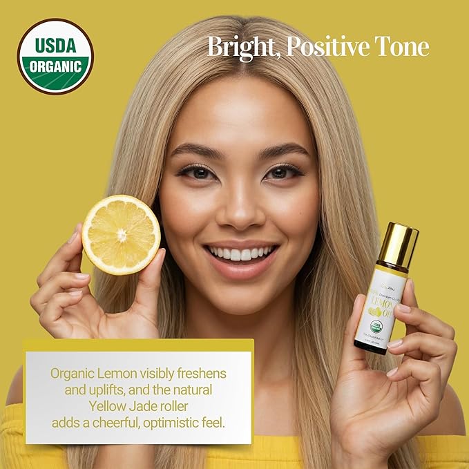 BodyJ4You Lemon Essential Oil Roll On - Pure 100% USDA Organic MCT Coconut Oil - Natural Yellow Jade Stone Roller - Uplift Aroma Wrist Neck Cuticle Breathwork - Amber Glass Bottle Rollerball (10ml)