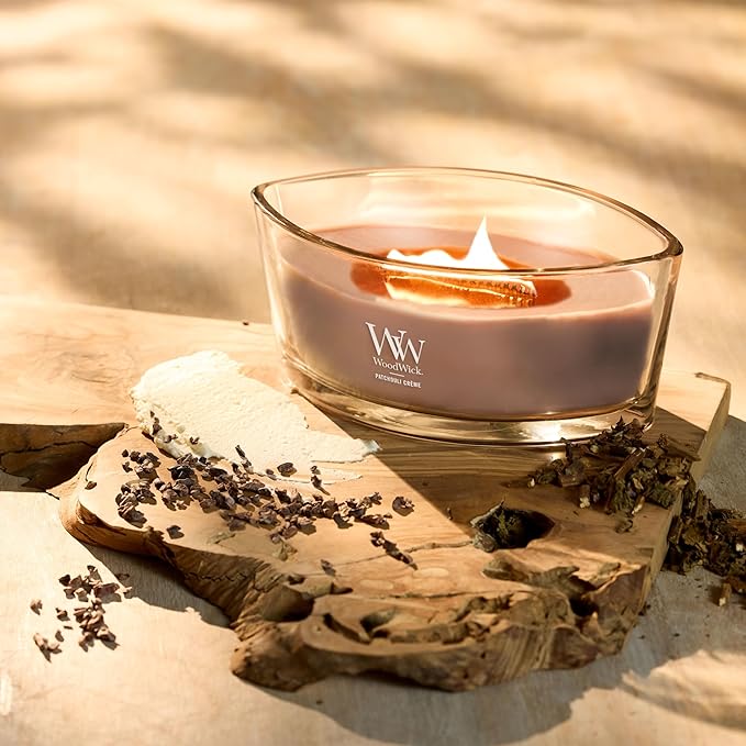 WoodWick Patchouli Crème Gifts for Women and Men, 16 oz Ellipse Candle with Crackling Wick