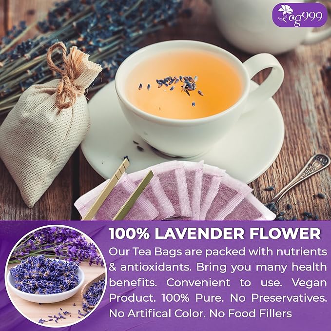 TOG999, Premium 60 Lavender Flower Tea Bags, 100% Natural & Pure. Loose Flower Lavender Herbal Tea. No Sugar, No Caffeine, No Gluten, Vegan.
