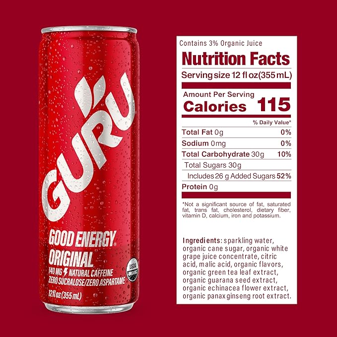 GURU Original Organic Energy Drinks, Clean Energy Drink with Plant Based Natural Caffeine from Green Tea, Gluten Free and Vegan, 140MG Caffeine, Healthy Drinks, 12oz (Pack of 24)