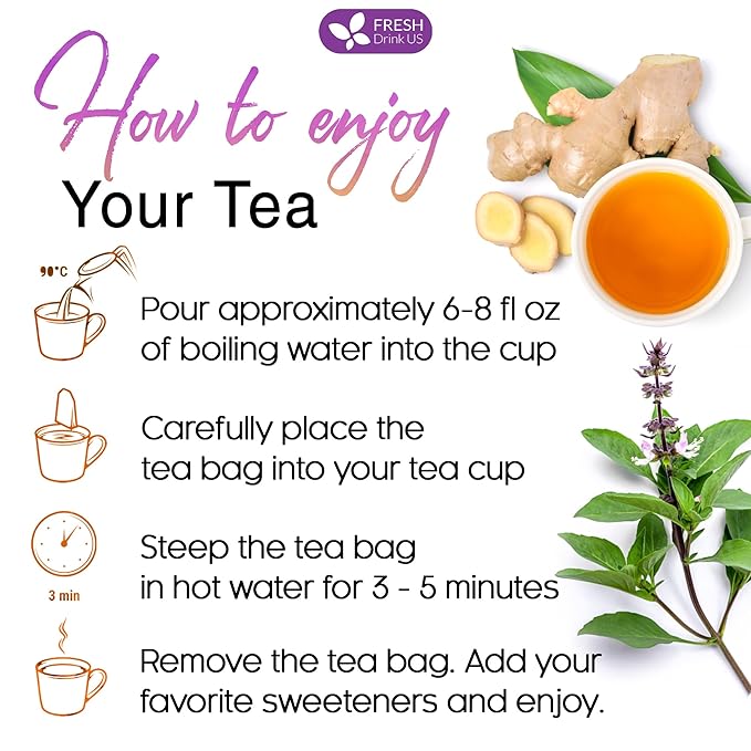 FreshDrinkUS, Premium 35 Ginger Tulsi Tea Bags, 100% Natural, Hand-made Blend of Ginger and Tulsi Holy Basil Leaves, Eco-conscious Tea Bags. Herbal Tea. No Sugar, No Caffeine, Vegan.