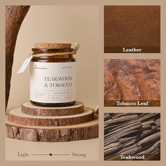 Scented Candle, 7.05 oz Teakwood Tobacco Aromatherapy Candle, Natural Soy Wax with Wooden Wick, Candles for Home Scented, Stress Relief Amber Jar Candle Gifts