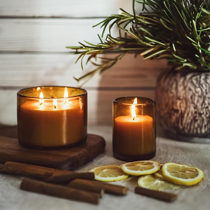 Bluecorn Beeswax Large 3-Wick Candle, 100% Pure Beeswax with Lemongrass, Cassia & Rosemary Essential Oils, Amber Glass, Soy Free Candle Wax, Long Lasting, Home Decor, American Made, 8 Oz, 1 Count