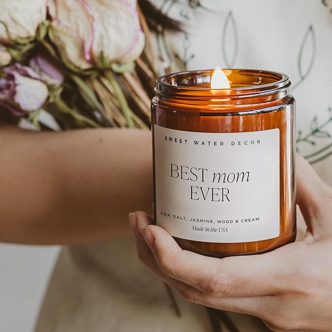 Sweet Water Decor, Best Mom Ever Candle - Sea Salt, Jasmine, Cream, and Wood Scented Soy Wax Candle for Mom - 9oz Amber Jar, 40 Hour Burn Time, Made in The USA