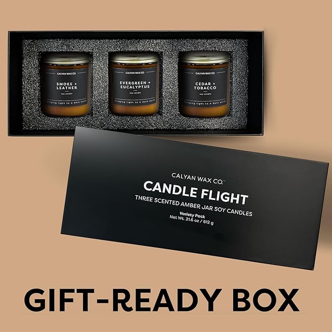 Calyan Wax Co. Masculine Scented Candle Gift Set - 3 Scented Candles - 57 Hour Burn - Luxury Non Toxic Soy Wax Candles - Long Lasting Amber Glass Jar Candle for Home - 7.2oz