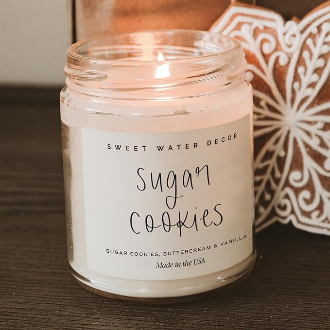 Sweet Water Decor Sugar Cookies Scented Candle - Sugar Cookies, Vanilla, and Buttercream Scented Christmas Candles and Decor for Home - 9oz. Clear Jar Soy Candle, Made in The USA